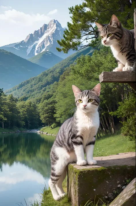 ((top-quality、​masterpiece、photographrealistic:1.4、in 8k))、cats、(mountains and lakes behind)、detailed pussy、delicate and beautif...