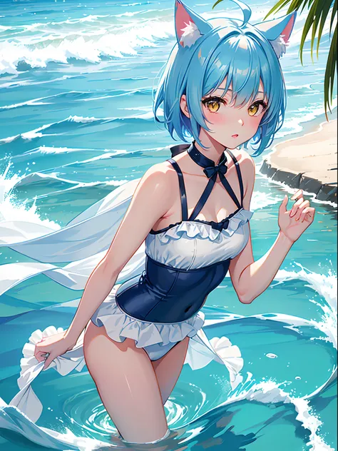 ((4K,masutepiece,Best Quality)),an extremely cute and beautiful girl with cat ears,Beautiful light blue short hair,bangs pinned back,Ahoge,Colored inner hair,Highly detailed beautiful face and yellow eyes,Cute,blush,swim wears,Beach,superfine illustration,...