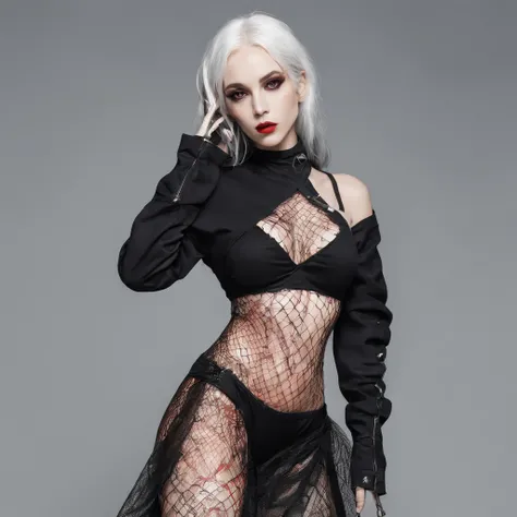 Girl with gothic net symbolic clothes, 。.。.com (Barbed wire of the body) Long black hair on the left，Long white hair on the right ，Extremely tall，Extra-large big breasts，big breasts thin waist，gigantic hip，Extra-long legs that occupy two-thirds of the body...