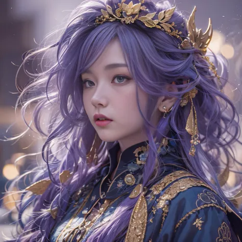 Genki Girl 32K（tmasterpiece，k hd，hyper HD，32K）Long flowing bright purple hair，Autumn Pond，zydink， a color，Silent （Back-halo）， （Old blue and white scarf）， Combat posture， looking at the ground， long whitr hair， Floating bright purple， Fire cloud pattern gol...