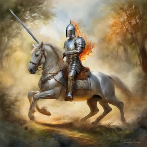 A knight armed with a flame sword rides a unicorn, Epic, Radiant, sport, Amazingly detailed, Hyperrealistic."A royal knight with a majestic aura, Dressed in shiny silver armor, Wield a European-style sword,Carrying a wooden bow, He rode on a forest trail i...