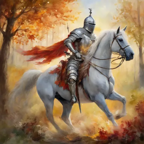 A knight armed with a flame sword rides a unicorn, Epic, Radiant, sport, Amazingly detailed, Hyperrealistic."A royal knight with a majestic aura, Dressed in shiny silver armor, Wield a European-style sword,Carrying a wooden bow, He rode on a forest trail i...