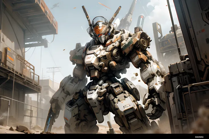 ((Mecha Space, Amored Core 6)), combatendo em um deserto com ruinas, ((corpo inteiro)), mecha estilo jogo titanfall, Gunda pavio