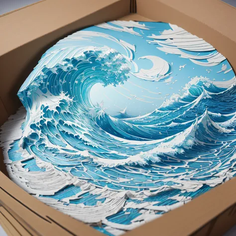 (Masterpiece), Best Quality), (Ultra high Detailed), (Paper cut art), craft art, (Put the finely broken paper together:1.3), ((using multiple layers of cardboard:1.3)), (rough sea), (Using only blue, light blue and white paper), (high wave),