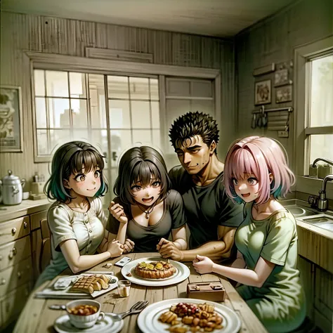 riamu yumemi,guts,couple,husband and wife,riamu motherly,house wife,cooking,mother and son,children,family,happy,(best quality,4k,8k,highres,masterpiece:1.2),ultra-detailed,(photo1.37),joyful,loving,embrace,adorable,cheerful,blissful,togetherness,warmth,sm...