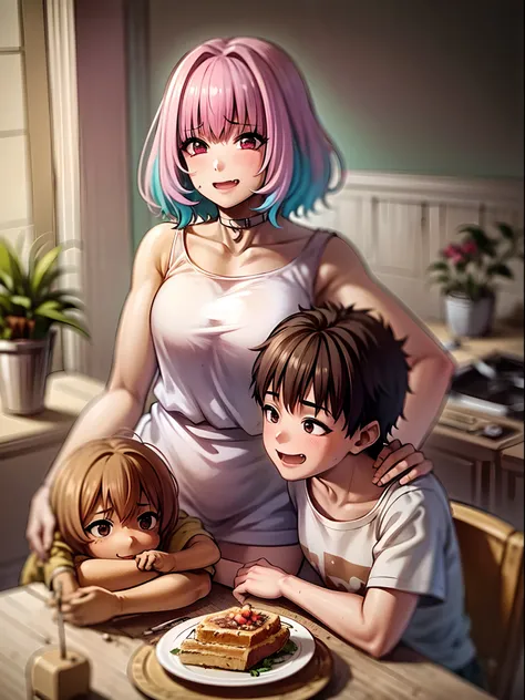 riamu yumemi,guts,couple,husband and wife,riamu motherly,house wife,cooking,mother and son,children,family,happy,(best quality,4k,8k,highres,masterpiece:1.2),ultra-detailed,(photo1.37),joyful,loving,embrace,adorable,cheerful,blissful,togetherness,warmth,sm...