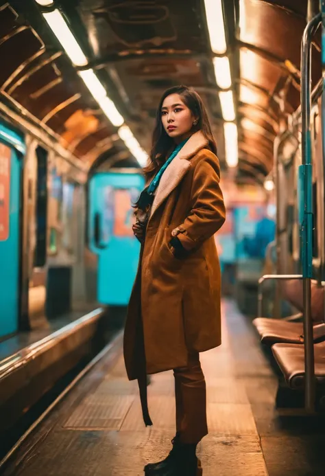 nightshoot, Best quality, masterpiece, very high resolution, beautiful indonesian women,  in a brown coat,   blue jeans trouser,  scarf around her neck,,  sit on train, from the inside of train she see a beautiful night metro city,, depth blur. bokeh, cine...