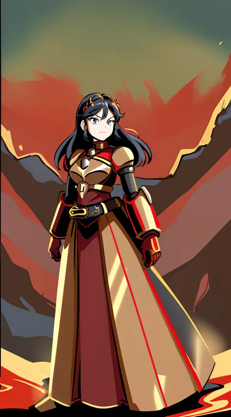 ((masterpiece, best quality)): 1girl, princess ryuko matoi wearing heavy red black and gold knight armor, heavy mech armor, cybe...