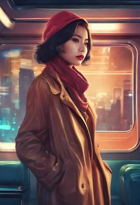 nightshoot, Best quality, masterpiece, very high resolution, beautiful indonesian women,  in a brown coat,   blue jeans trouser,  scarf around her neck,,  sit on train, from the inside of train she see a beautiful night metro city,, depth blur. bokeh, cine...