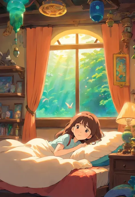 little girl lying in bed,dreaming of adventure and mythical creatures,vibrant colors,soft lighting