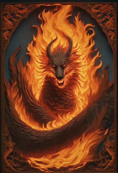 Best Quality, Top image quality, Top resolution, Intricate details, Craftsmanship, (Papercut:1.3), The work of a magician with fire magic, Ring of Fire, Dragon engulfed in flames, Cutting framed paper, Museum, Protruding from the flame of the flame, Actual...