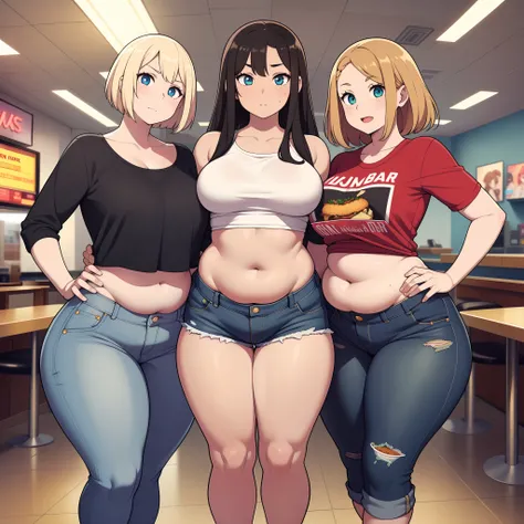 ((highres)), Masterpiece, high quality, best quality, beautiful, perfect lighting, detailed face, ultra cute face, ((3girls)), one girl has blonde hair, blue eyes, crop top and shorts skindentation, one girl has brown hair, green eyes, jeans, white shirt, ...