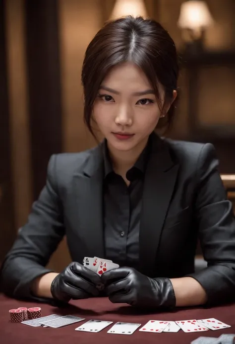 A young Japanese woman with a black suit up to a shirt and playing cards with black leather gloves on both hands