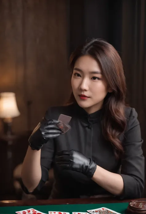 A young Japanese woman with a black suit up to a shirt and playing cards with black leather gloves on both hands