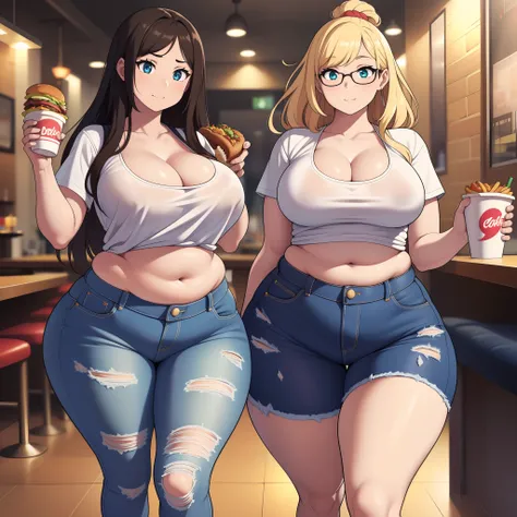 ((highres)), Masterpiece, high quality, best quality, beautiful, perfect lighting, detailed face, ultra cute face, ((2girls)), one girl has blonde hair, blue eyes, crop top and shorts skindentation, one girl has brown hair, green eyes, jeans, white shirt, ...