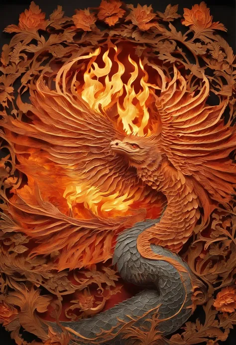 Best Quality, Top image quality, Top resolution, Intricate details, Craftsmanship, (Papercut:1.3), The work of a magician with fire magic, Ring of Fire, Dragon engulfed in flames, Cutting framed paper, Museum, Protruding from the flame of the flame, Actual...