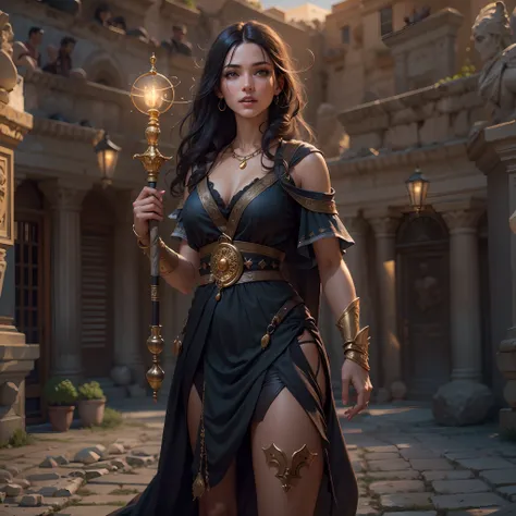 Female wizard, dark eyes, dark hair, fair skin, intelligent and beautiful, cheerful and friendly, slender, tight black top and bottom, pants look, golden necklace, holding magic staff, super accurate description of hands, Strolling through an ancient Greco...