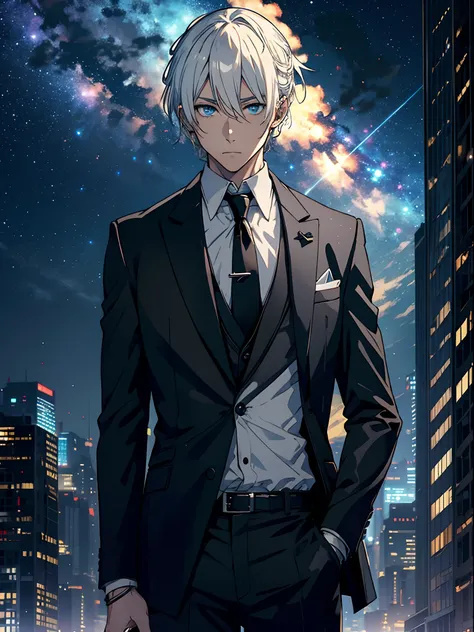 ciberpunk, Anime Adult Guy Blonde, higly detailed, white colored hair, Black Jacket & Formal Wear, black undershirt, the stars, stars in thr sky, sky scrapers, High-tech city