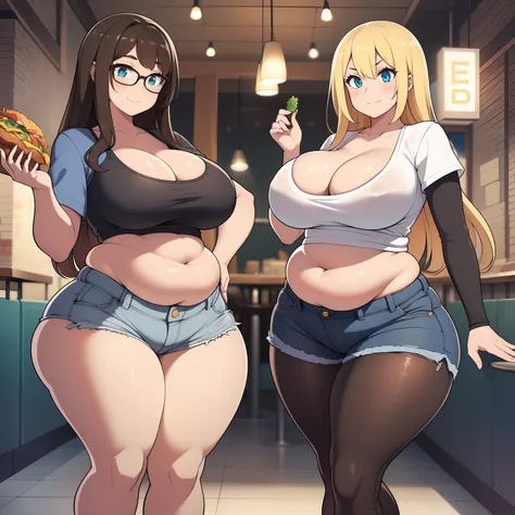 ((highres)), Masterpiece, high quality, best quality, beautiful, perfect lighting, detailed face, ultra cute face, ((2girls)), one girl has blonde hair, blue eyes, crop top and shorts skindentation, one girl has brown hair, green eyes, jeans, white shirt, ...