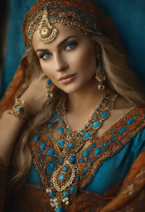 Very pretty blonde woman with blue eyes, qui porte plusieurs grands colliers de perles pourtant caftan marocain couvre son corps entier