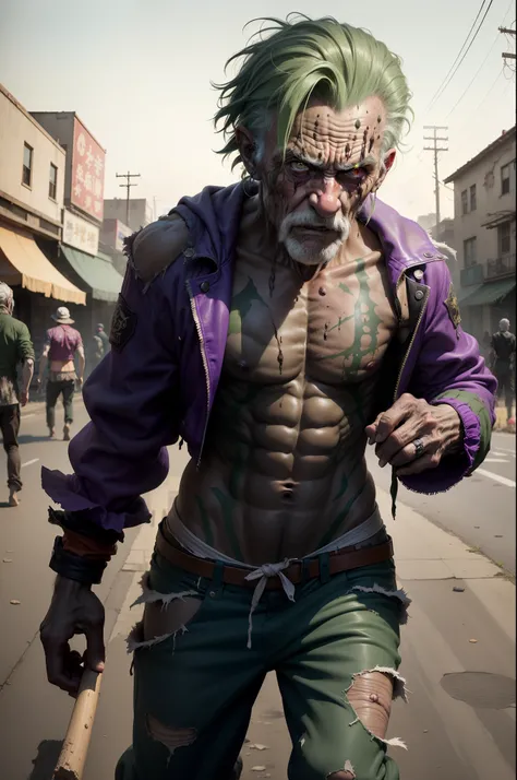 80-year-old clown,Like a beggar ,The expression is fierce， guffaw，Fitness ，The expression is fierce，Dirty green hair ,Fierce expression,full bodyesbian,kung fu pose，Tattered purple coat，Like a bum，Wandering the streets,(((Very dirty and poor,ripped clothin...