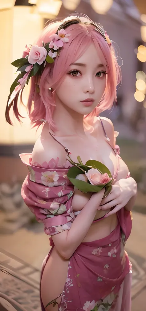 a woman with pink hair and a flower in her hair, Realistic, Ultra detail, 70mm lens