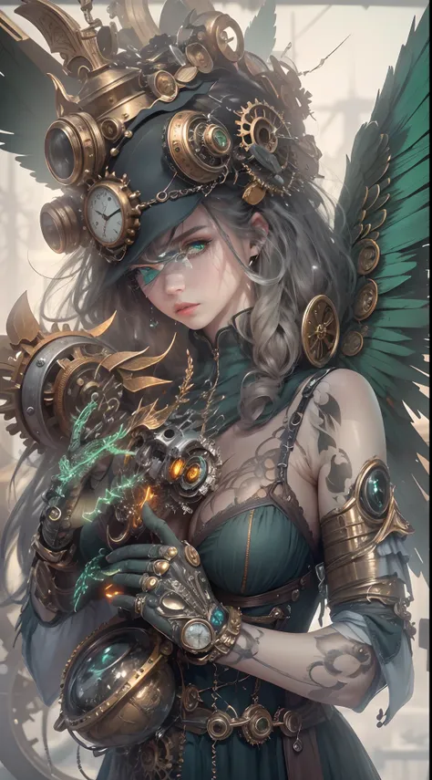 (Best quality,4K,A high resolution,Masterpiece:1.2),Ultra-detailed,(Realistic:1.37) Girl with mechanical parts,steampunk wind,Delicate clockwork details,Brass gears and gears,(Mechanical body),(Mechanical limb),Beautiful and intricate design,(Mechanical wi...