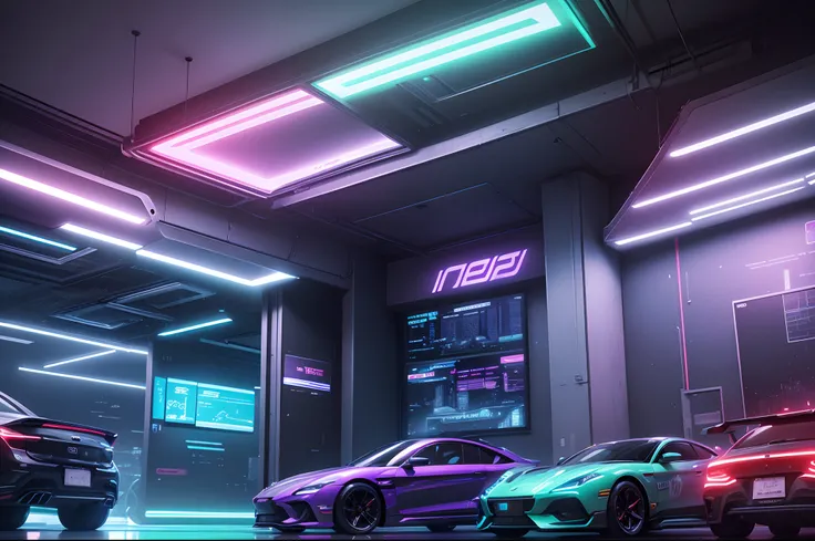 a cyberpunk car showroom filled with high-tech, glowing vehicles. each car has unique features such as holographic displays, ret...