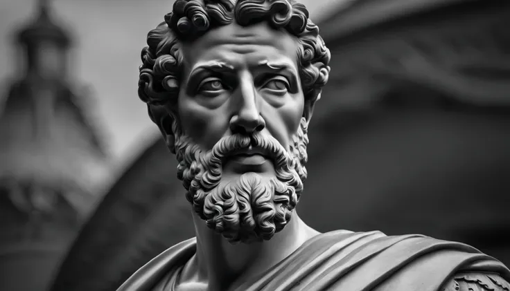 a portrait statue of the stoic Marcus Aurelius in black and white 4K,Face de lado, papel de parede super realista, homem forte sem camisa