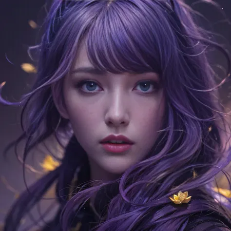 Blood Girl 32K（tmasterpiece，k hd，hyper HD，32K）Long flowing bright purple hair，blood pond，zydink， a color，Silent （Post-halo）， （Old blue and white scarf）， Combat posture， looking at the ground， long whitr hair， Floating bright purple， Fire cloud pattern gold...