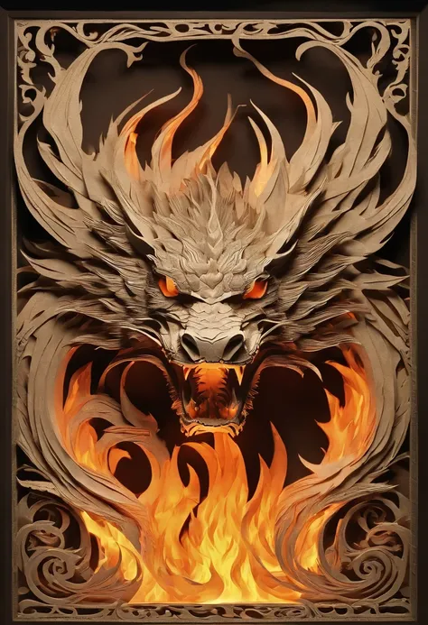 Best Quality, Top image quality, Top resolution, Intricate details, Craftsmanship, (Papercut:1.4),  Ring of Fire, Dragon engulfed in flames, Cutting framed paper, Museum, Protruding from the flame of the flame, Actual Paper Burning, fire, Real Fire,Three-d...