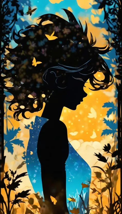 (Silhouette Art,cutouts:1.6) (((Paper cutting art,A world where only white exists:1.3) (Cowboy Shot),1 girl、Solo, (summer  dress, profile:1.2),white, Clear and beautiful face,Romper (blue open sky、white clouds、Yellow sunflower) Textured glass background,Wo...