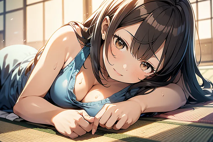 in 8K、top-quality、​masterpiece、ultra-detailliert、Ultra-high resolution、Anime style、1人の女性、Mid summer、traditional Japanese room、Sleep on tatami mats、siesta、Tank tops、cleavage of the breast