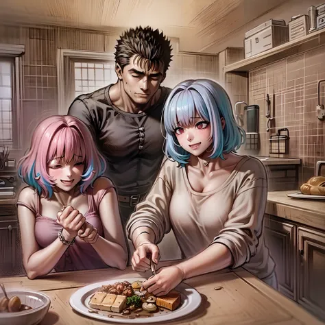 riamu yumemi,guts,couple,husband and wife,riamu motherly,house wife,cooking,mother and son,children,family,happy,(best quality,4k,8k,highres,masterpiece:1.2),ultra-detailed,(photo1.37),joyful,loving,embrace,adorable,cheerful,blissful,togetherness,warmth,sm...