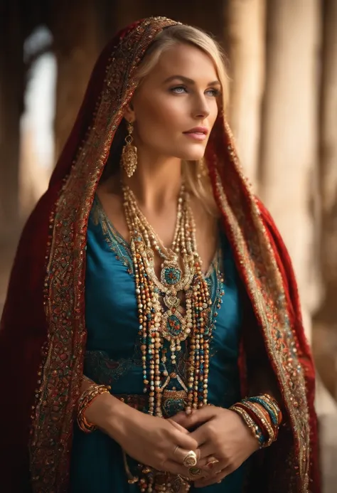 Very pretty blonde woman with blue eyes, qui porte plusieurs grands colliers de perles pourtant caftan marocain couvre son corps entier