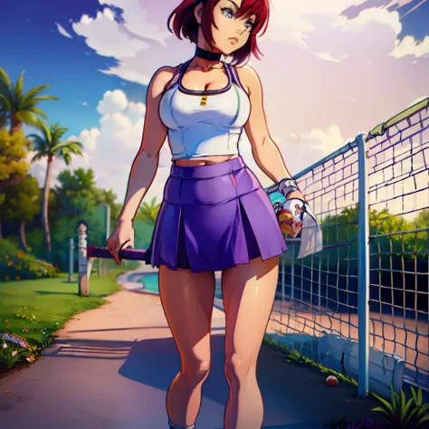 kairi, short red hair, bangs, choker, white tank, large breasts, cleavage, midriff, short purple skirt, huge tennis shoes, beach