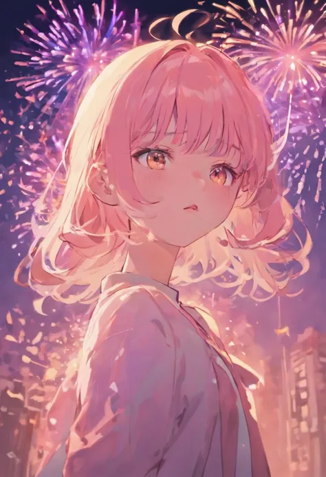 the night，in pink，Fireworks all over the sky，Heart-shaped bubbles，Child couple，comic strip，Chubby little girl and little boy hugging each other，Glowing fireflies fly around，，pretty and cute，Kids Illustration，glow effect，dingdall effect，depth of fields，high...