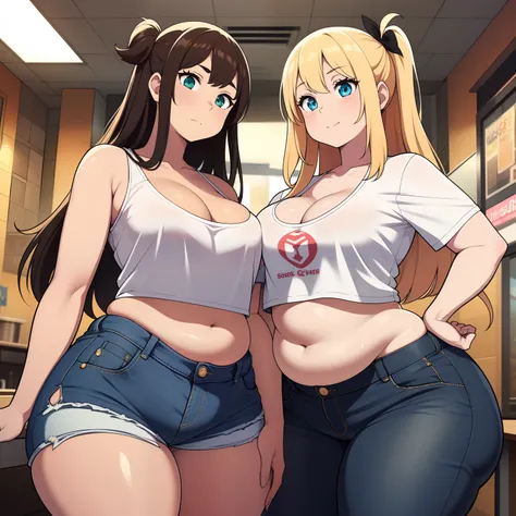 ((highres)), Masterpiece, high quality, best quality, beautiful, perfect lighting, detailed face, ultra cute face, ((2girls)), one girl has blonde hair, blue eyes, crop top and shorts skindentation, one girl has brown hair, green eyes, jeans, white shirt, ...