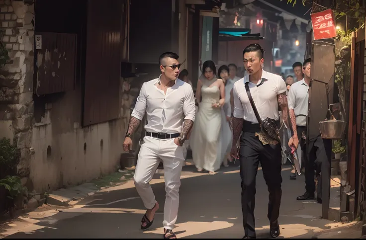 group of Asian gangsters, handsome, tattooed, sword wielding, wedding