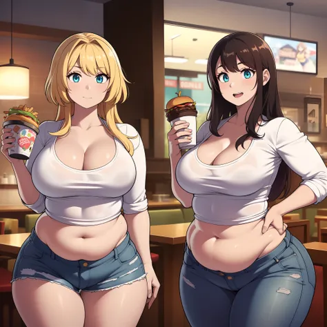 ((highres)), Masterpiece, high quality, best quality, beautiful, perfect lighting, detailed face, ultra cute face, ((2girls)), one girl has blonde hair, blue eyes, crop top and shorts skindentation, one girl has brown hair, green eyes, jeans, white shirt, ...