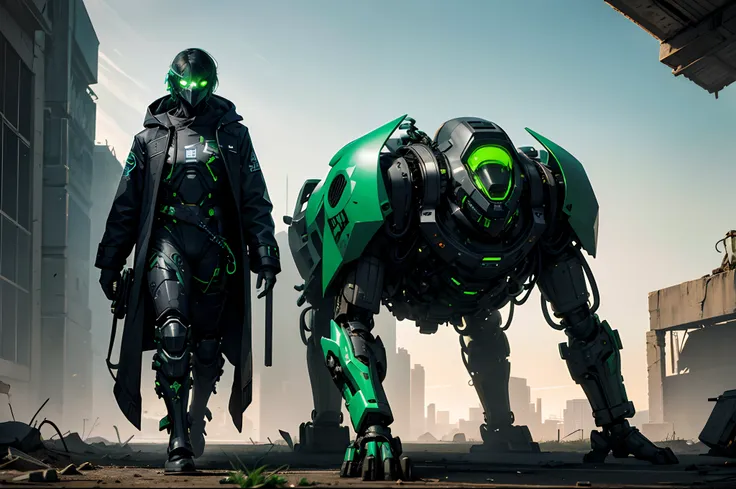 a cyborg with glowing green implants and a mechanical exoskeleton stands in front of a ruined, post-apocalyptic landscape, their...