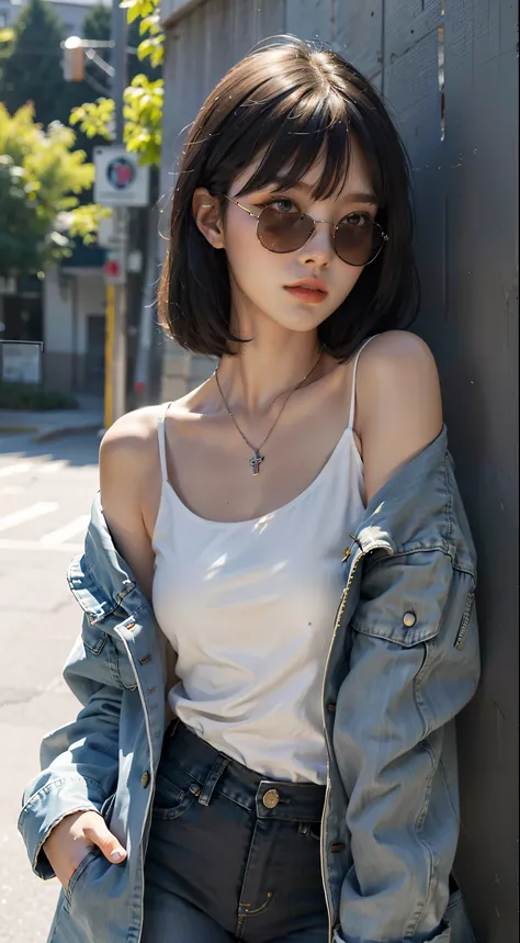 young woman black bangs hair, look at viewer, wearing sunglasses, sexy face expression, kawai, pov, 24 years old, bright eye, pastel art, bare shoulder, jacket,  legs up, long wreaked jeans, high detail eyes make up, necklace, stand beside wall, sunlight, ...