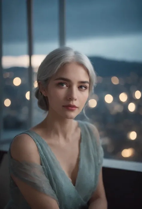 (Masterpiece), Best quality, Cyan eyes, light grey hair, Expressive eyes, Hohaya, Sitting in a high floor apartment room, Night sky, City landscape, view the viewer, City lights, window, Highlight, dramatic lights, Calm face,