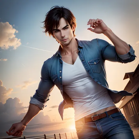 A man with similar appearance to Ian somerhalder, cabelos pretos e olhos azuis , usando uma camisa comprida de gola V, jeans, flying in sky, por do sol, with both hands open.