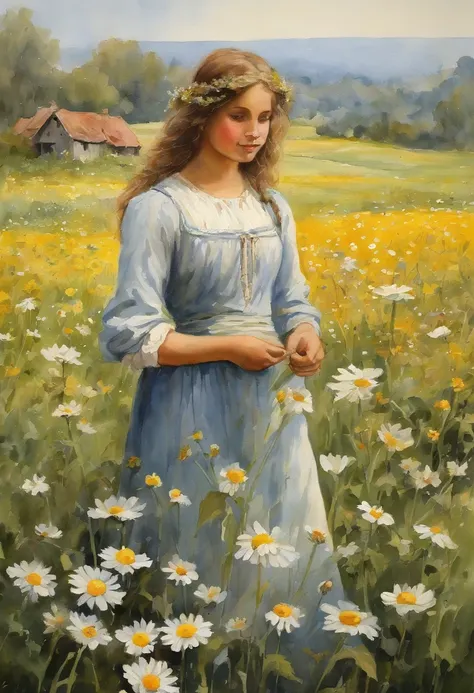 ((masterpiece, , best quality, extremely intricate, william water house peasant  girl with pretty facestanding in a field of oxeye daisys