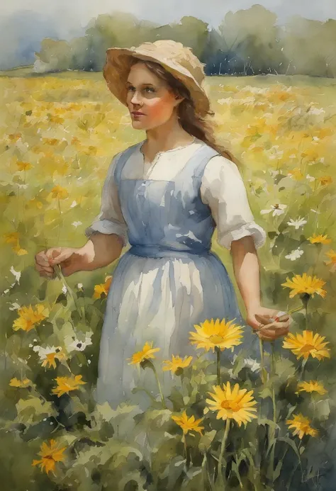 ((masterpiece, , best quality, extremely intricate, william water house peasant  girl with pretty facestanding in a field of oxeye daisys