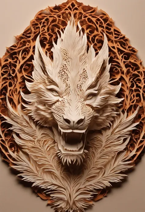 Best Quality, Top image quality, Top resolution, Intricate details, Craftsmanship, (Papercut:1.4), The work of a magician with fire magic, Ring of Fire, Dragon engulfed in flames, Cutting framed paper, Protruding from the flame of the flame, (Actual Paper ...