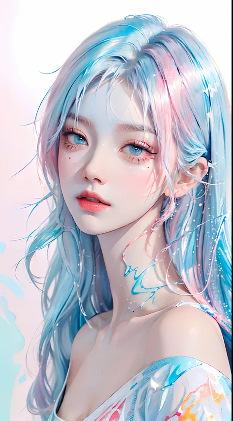 (Masterpiece, Best Quality, High Resolution), White Background, Acrylic Paint, ((Color Splash, Splash of Ink, Color Splash)), Sweet Chinese Girl, Long Light Blue Hair, [Light Blue|Pink] Hair, Curly Hair, Glitter, Peach Lips, White Shirt, Front, Upper Body