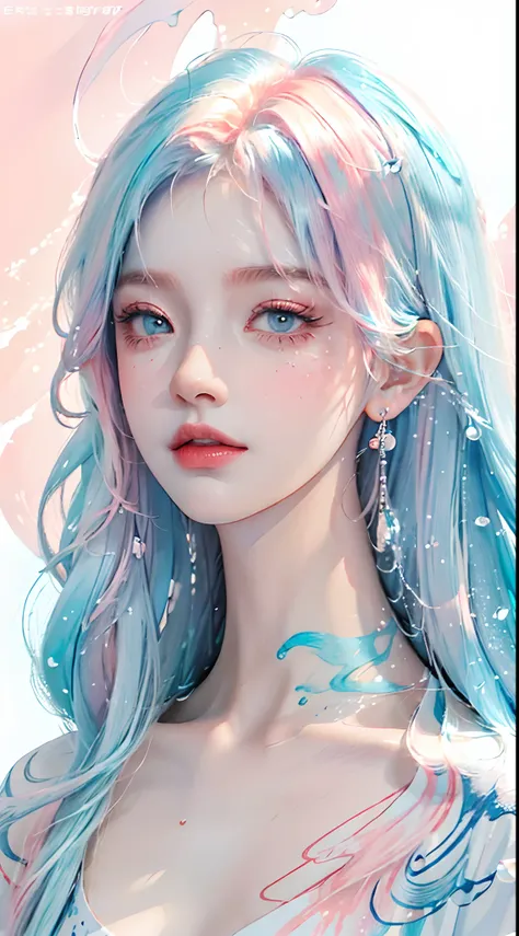 (Masterpiece, Best Quality, High Resolution), White Background, Acrylic Paint, ((Color Splash, Splash of Ink, Color Splash)), Sweet Chinese Girl, Long Light Blue Hair, [Light Blue|Pink] Hair, Curly Hair, Glitter, Peach Lips, White Shirt, Front, Upper Body