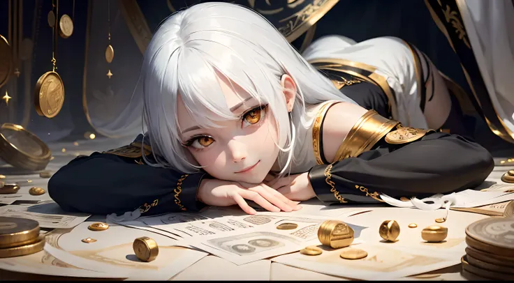 best quality, white hair, gold eyes, black clothes, looking up, upper body, hair strand, Fair skin, smiling, Banknotes and coins are scattered, lie down